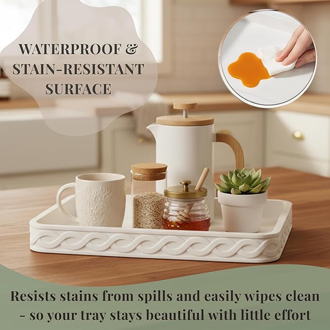 Decorative Tray for Coffee Table - 14” Cream White Concrete with Infinity Twist Design, Coffee Table Tray, Waterproof, Stain-Resistant, Durable, Tray Decor with Anti-Slip Pad, Multi-Use & Eco-Friendly