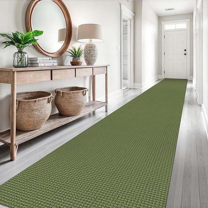 EARTHALL Runner Rug 3x18 Ft Washable Runners for Hallways Extra Long Woven Non Slip Entryway Runner Braided Kitchen Runner Indoor Outdoor Carpet Runners for Hotels, Officel, Stair, Green
