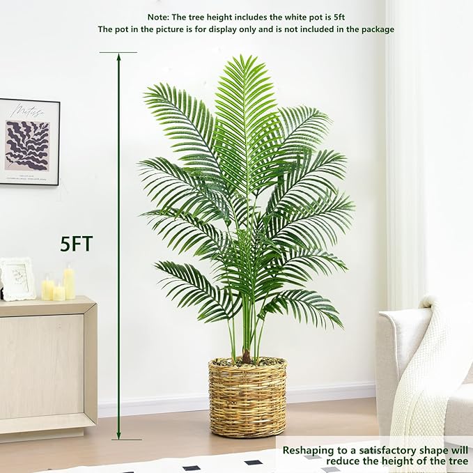 Artificial Palm Tree 5FT Faux Plants Indoor Tropical Fake Palm Tree Areca Floor Plant in White Pot with 13 Trunks & Real Bark Design, Faux Palm Plant for Outdoor Patio Home Room Office Decor