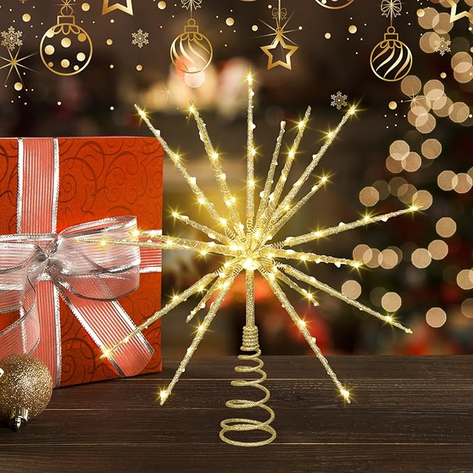 HMASYO 15 Inch Twinkling Starburst Christmas Tree Star Topper, 19-Point Gold Star Tree Topper with 150 LED, Remote Control & Timer, USB Power for Indoor Home Holiday Party Xmas Tree Decoration