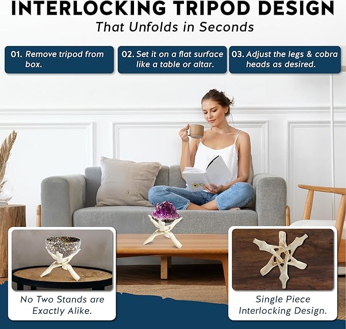Alternative Imagination Wooden Tripod Display Stand - 8-Inch Hand Carved Holder Made from Mango Wood -Folding Natural Stand for Abalone Shell, Crystal Ball, Key Bowl,Trinket Dish, Incense,Decor & More