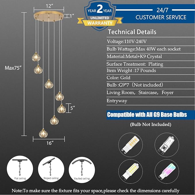 Crystal Chandeliers for Staircases, 7-Light Gold Modern Chandeliers for High Ceilings，Crystal Pendant Light Fixture for Living Room Kitchen Island Foyer Hallway Bar