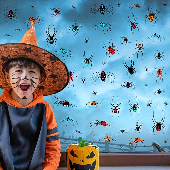 80 PCS Halloween Spider Mirror Decals Halloween Window Decoration Clings Removable Double-Sided Spooky Glass Stickers for Haunted House Indoor Outdoor Scary Static Clings for Holiday Party Decor