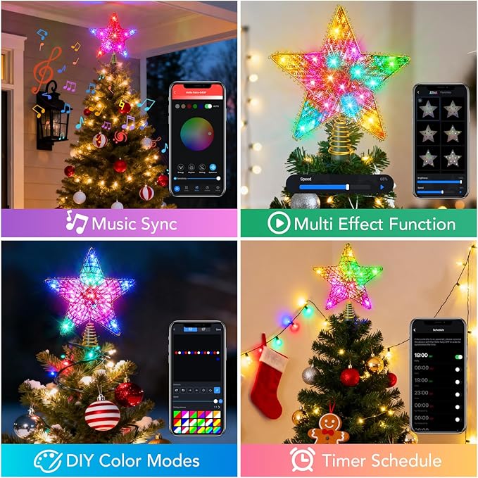 Christmas Tree Star Topper, LED Tree Decorations, UL Certified Colorful Star Tree Topper Lights for Home Garden USB Plug in Xmas Tree New Year Holiday, APP and Remote Control, DIY Dimmer(Gold)