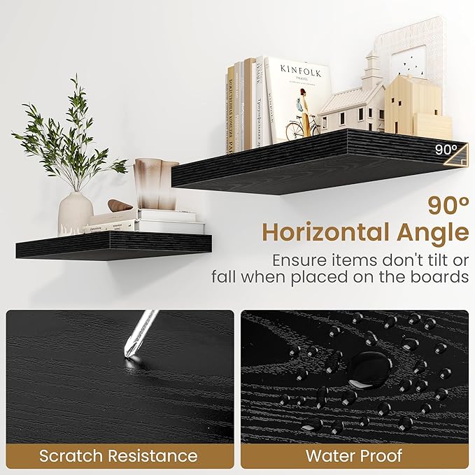 Fun Memories 48 Inch Floating Shelves in Black, 9.3 Inch Deep Wall Shelves for Bathroom, Living Room, Bedroom, Kitchen, Deep Long Shelf Wall Mounted 2 Pack Shelf for Books, Decor