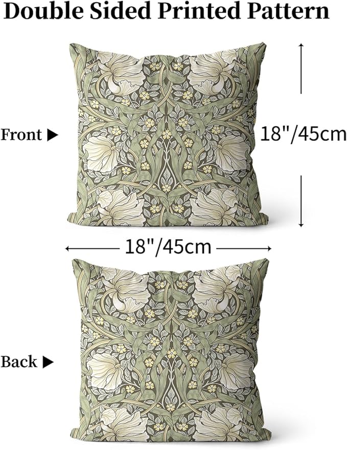 Green Botanical Pillow Covers 18x18 Inch William Morris Floral Print Pillow Protectors with Zipper Standard Size Vintage Rustic Nature Flowers Pillow Cases Midcentury Modern Bed Pillow Covers Set of 2