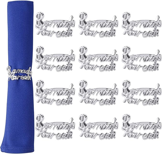 Ramadan Napkin Rings Set of 12, Silver Mardi Gras Napkin Rings with Ramadan Kareem Letters, Metal Napkin Rings Holder for Eid Mubarak Party, Ramadan Festival Dinner Table Decoration(Silver)