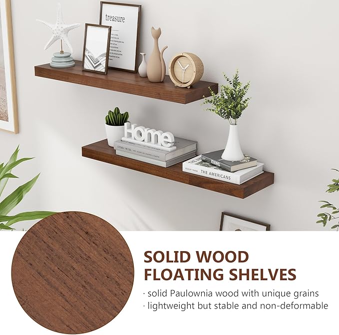 fuqing 30 Inch Floating Shelves for Wall, Rustic Wood Floating Shelves for Wall Set of 2, 30'' Long Wooden Wall Shelves for Living Room Bedroom Bathroom Home Office - Walnut