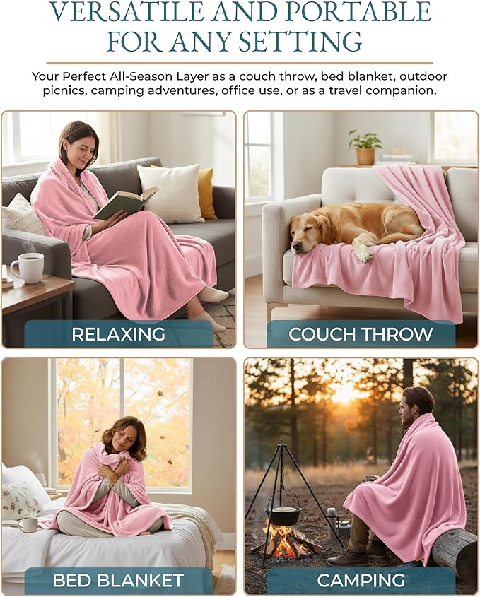 Casa Platino Queen Size Blanket – Pink Lightweight Fleece Throw for Bed or Sofa – Soft & Cozy Flannel 90x90 Blanket for Women, Teens or Dorms