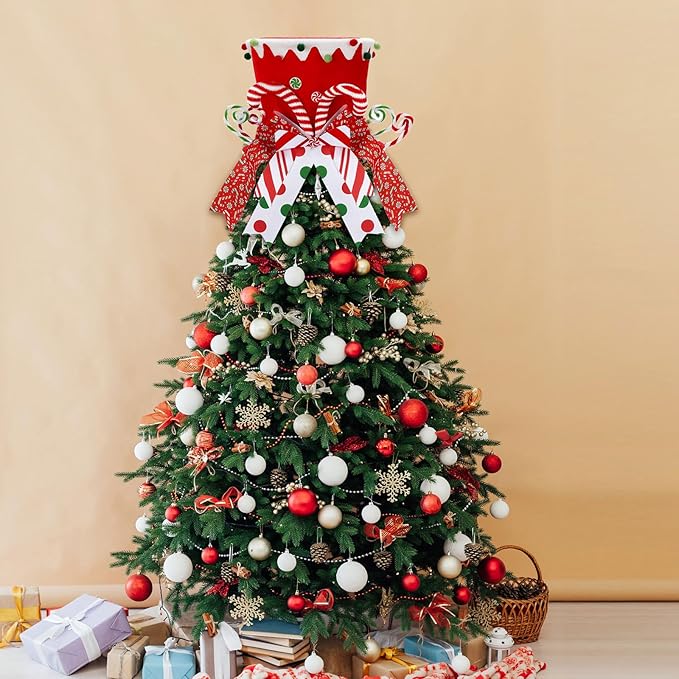Jenaai Christmas Tree Topper Hat Candy Canes Tree Topper with Striped Bow Ribbon and Lollipop Christmas Decorations Desktop Ornaments Xmas Festive Gift for Home Xmas Holiday Winter Decor(Red)
