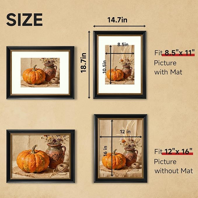 12x16 Black Picture Frame, 12 x 16 Photo Frame with Real Glass, Antique Picture Frames for Wall or Tabletop Display, Display Poster 8.5x11 with Mat or 12x16 without Mat for Antique Déco,Black with Gold Trim