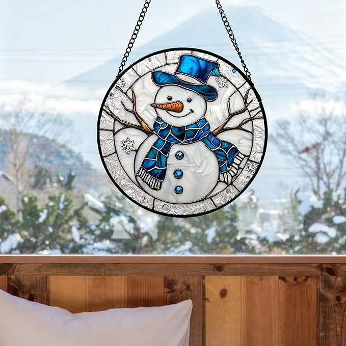 Stained Glass Window Hanging Christmas Snowman Blue White Large 15" - Suncatcher Door Garden Sun Catcher Home Decor Birthday Mother's Day Xmas Gift for Mom Men Woman Her Nana Parents Girl