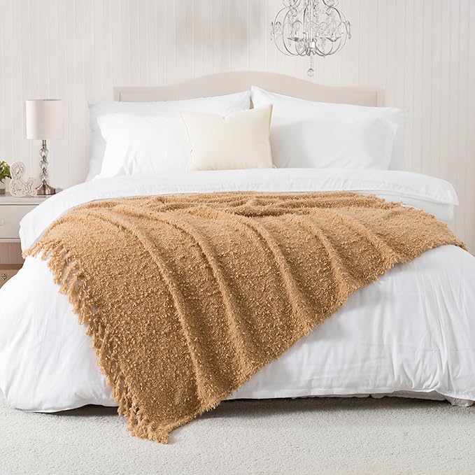 Winter Knit Throw Blanket Fluffy Fuzzy Soft Lightweight Cozy Farmhouse Tassels Chunky Knitted Throws for Couch Sofa Bed (Camel, 60"x80")