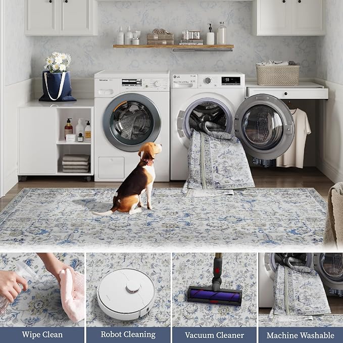 jinchan Kalen Runner Rug 2x7 Washable Area Rug Soft Vintage Hallway Indoor Floor Mat Thin Retro Distressed Carpet Blue Floral Country Non Slip Bathroom Kitchen Bedroom Living Room