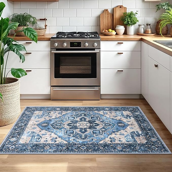 3x5 Washable Area Rug for Entryway, Blue Soft Boho Rug with Non-Slip, Low-Pile Vintage Floor Area Rugs for Living Room Bedroom Dining, Dorm Carpet with Non-Shedding