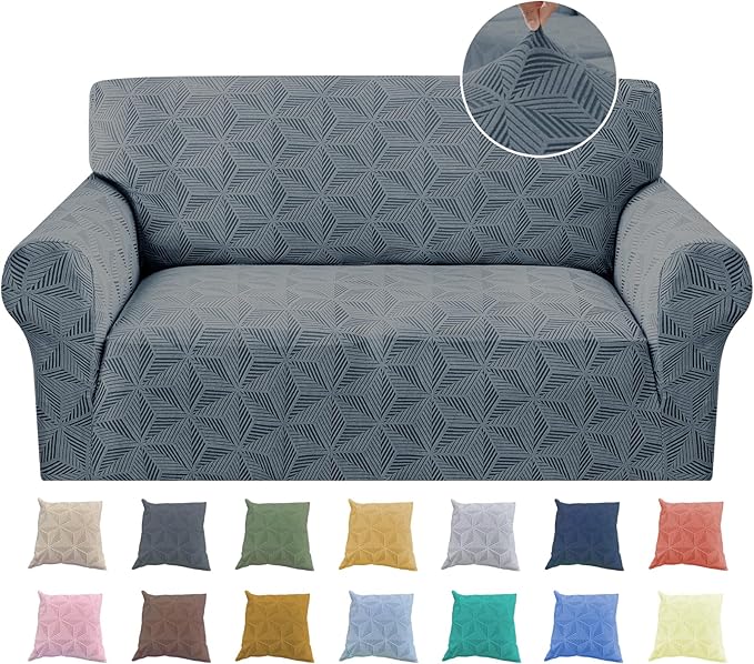 YEMYHOM 1 Piece Stretch Couch Covers for 2 Cushion Couch, Jacquard Loveseat Cover with Non-Slip Elastic Bottom, Thickened Slipcover Furniture Protector for Dogs Pets (Medium, Dark Gray）