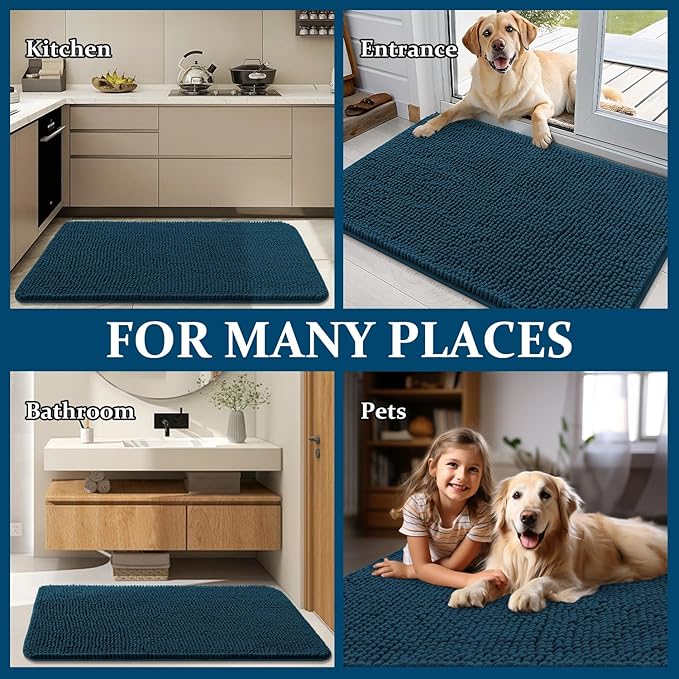 OLANLY Dog Door Mat for Muddy Paws 54x32, Absorbs Moisture and Dirt, Absorbent Non-Slip Washable Doormat, Quick Dry Chenille Mud Mat, Entry Indoor Entryway Carpet for Inside Floor, Atlantic Blue