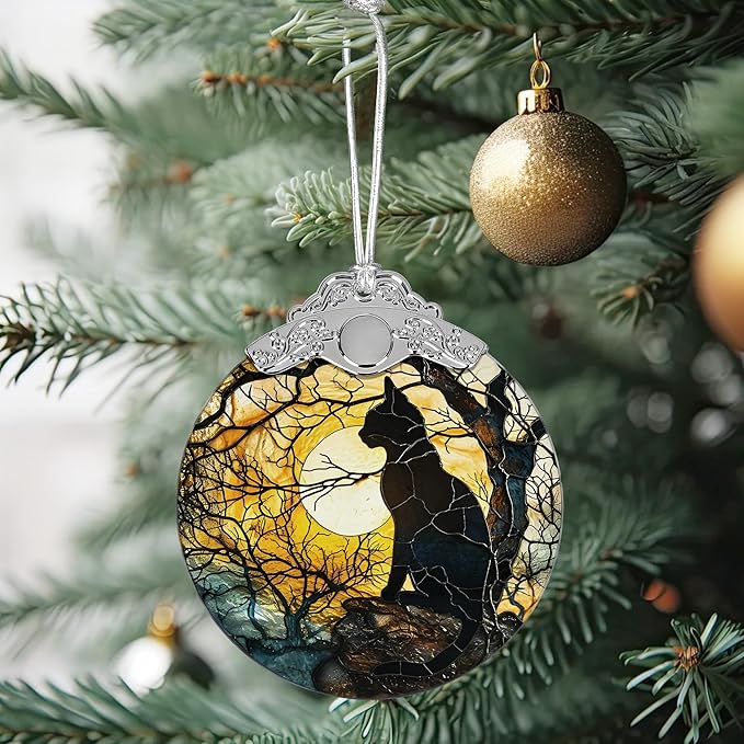 Christmas Ornament, Stained Glass Ornament, Christmas Decorations for Tree, Holiday Ornament, Unique Gift Idea - Moonlight Black Cat