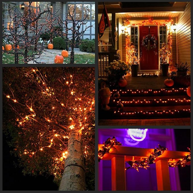 YULETIME Orange LED Christmas Lights 200 Count 50 ft, Pack of 2 Strands 25 ft 100 Lights UL Certified Halloween String Light Set (Orange)