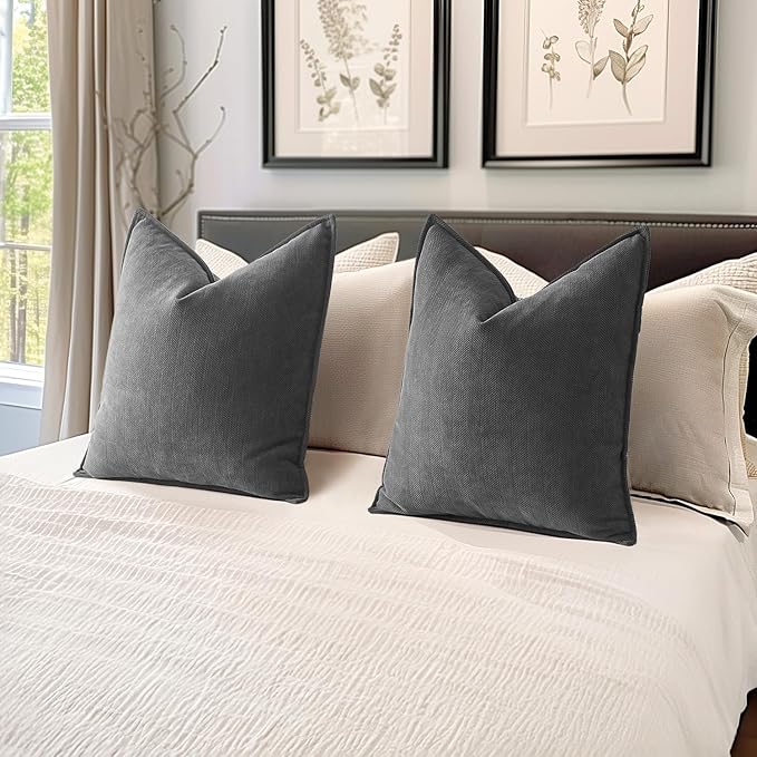 MIULEE Pack of 2 Dark Grey Decorative Pillow Covers 22x22 Inch Soft Chenille Luxurious Couch Throw Pillows Farmhouse Cushion Covers Euro Shams with Elegant Design for Sofa Bed Living Room Home Decor