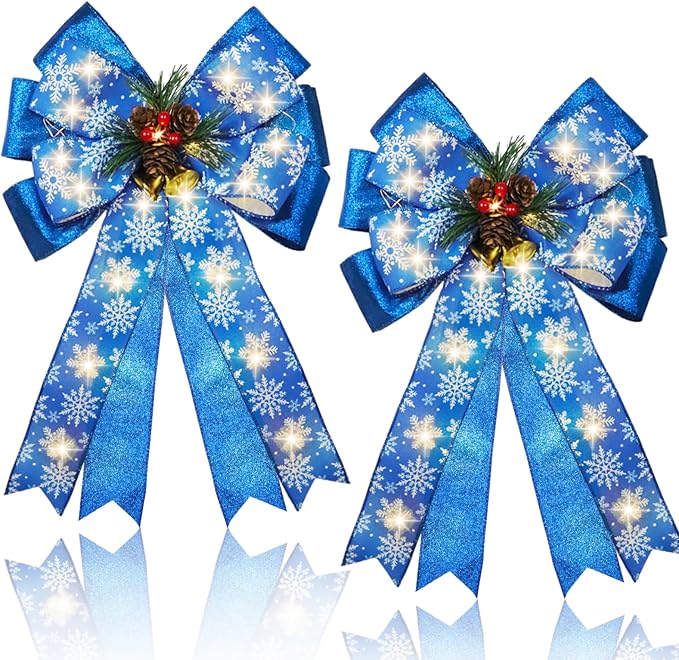 2 Pcs Pre-Light Christmas Decorative Bows for Wreath, 20 X 12” Large Christmas Tree Topper Bow with Bells, Berry, Pine Cones, 40 LED Silver Snowflake Ornament Bow for Indoor/Outdoor- Blue