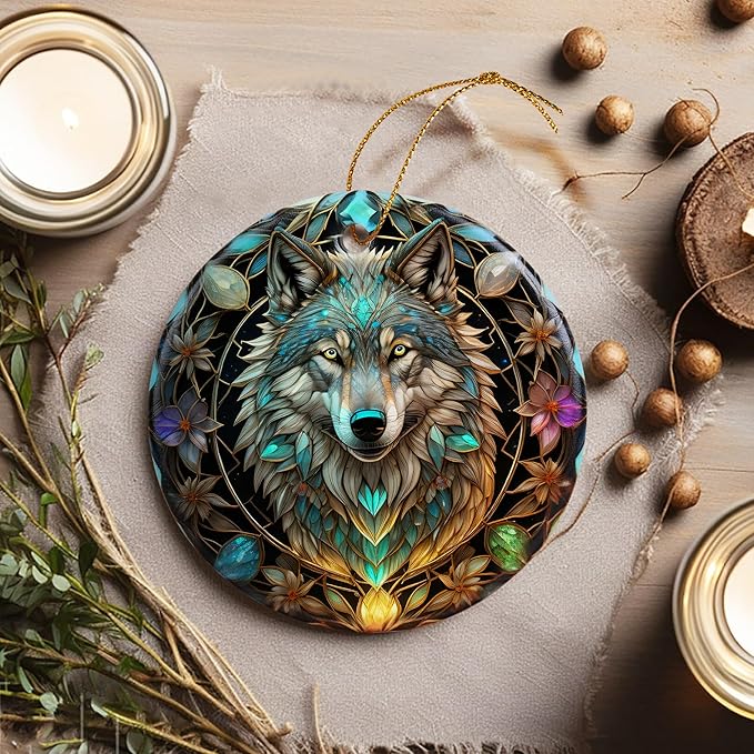 Stained Ceramic Wolf Ornament - Wolf Christmas Ornaments - Christmas Tree Ornaments - Christmas Decorations - Wolf Decor for Office, Room, Home - Holiday Present Ideas