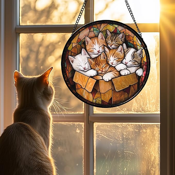Stained Glass Window Hanging 6 Cute Kittens 6.3" - Cat Gift Suncatcher Door Sun Catcher Decor Birthday Christmas for Lost Pets Mom Men Woman Friend