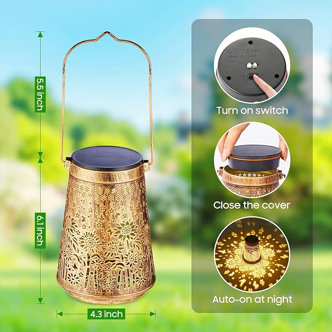 2 Pack Solar Lanterns Outdoor Waterproof Birthday Gifts for Women Mom Grandma, Hollowed-Out Metal Sunflower Hanging Solar Lantern Lights Outdoor Decor, 2 Modes Lights Decor for Yard, Patio