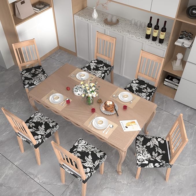 Stretch Dining Chair Seat Covers Set of 6,Dining Chair Slipcovers, Floral Printed Chair Covers,Soft Fabric Washable Upholstered Chair Seat Protector, No Rear Covers for Home Kitchen Dining Room