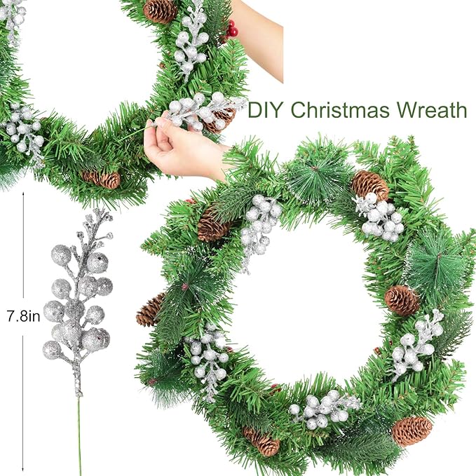 Lvydec 16pcs Christmas Glitter Berries Stems Clearance, 7.8" Artificial Christmas Picks for Christmas Tree Ornaments, DIY Xmas Wreath, Crafts, Holiday and Home Decor (Silver)