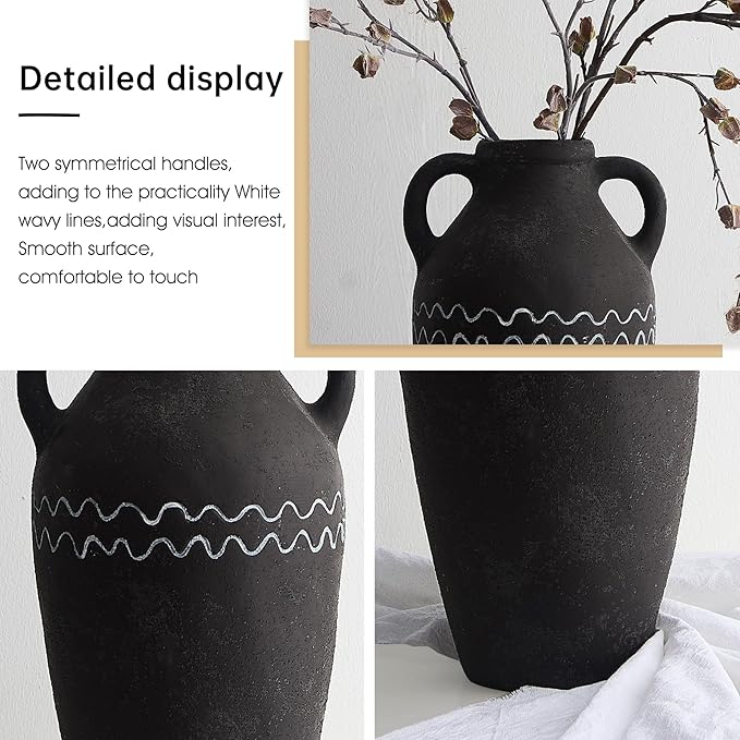 Large Black Ceramic Vase, 12.4" H Farmhouse Rustic Decorative Vase Table Centerpiece, Pottery Terracotta Tall Vases Living Room Bathroom Weddings Decorations