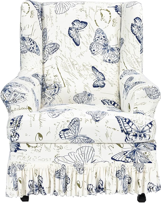 CRFATOP 2 Piece Stretch Wingback Chair Cover with Skirt Printed Wing Chair Slipcovers Spandex Fabric Wingback Armchair Covers with Cushion Slipcover for Living Room Bedroom Wingback Chair,C06