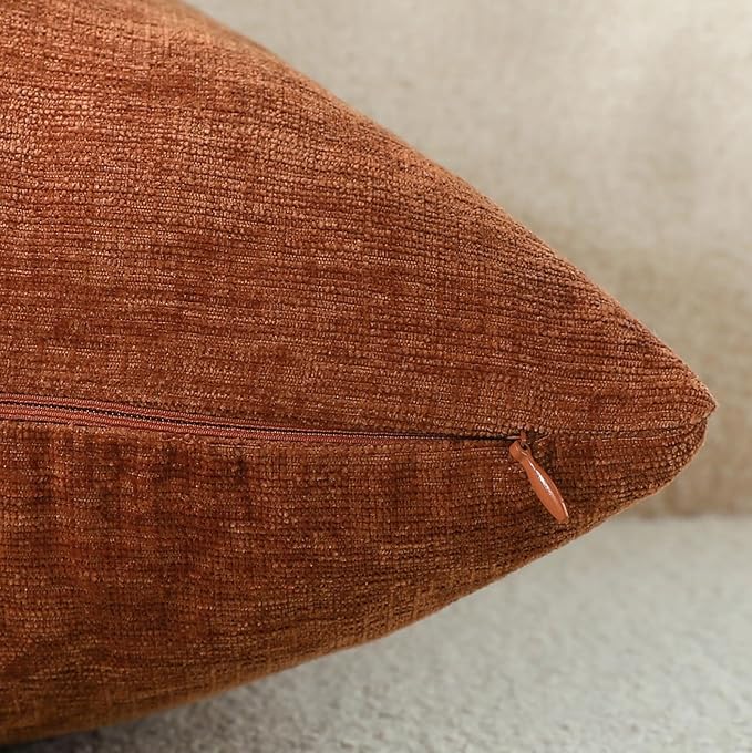 Terracotta Chenille Decorative Couch Throw Pillow Covers, Soft Cushion Cases for Home Livingroom Sofa Décor, Pack of 2, 14 x 14 Inches