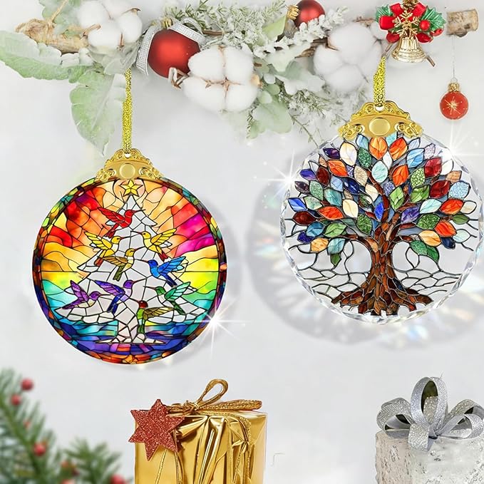 Hummingbird Stained Glass Christmas Ornaments 2025,Hanging Ornaments for Christmas Tree,2.8 * 2.8 * 0.2inch Tree Decor