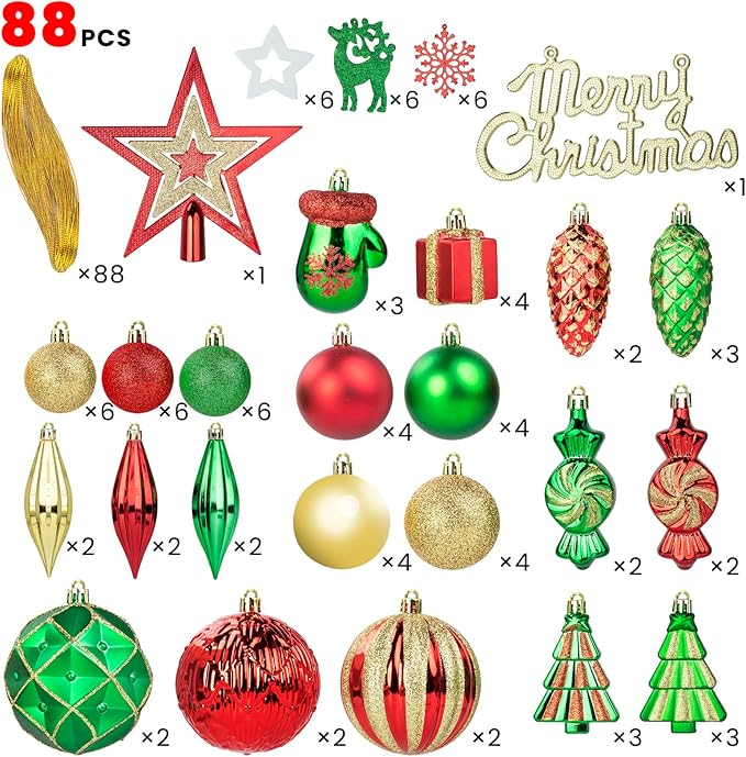 LARAINE Christmas Balls Ornaments 88 Pcs Decorations for Christmas Tree, Assorted Shatterproof Hanging Ball Variety Gift Set of Holiday Party Wedding Decoration (Red&Green)
