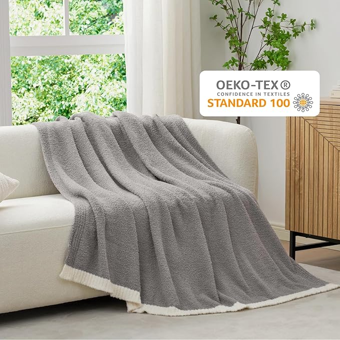Snuggle Sac Grey Bedding Blankets Queen Size 90x90 inches, Reversible Microfiber Fluffy Fuzzy Soft Throw Cozy Knit Blanket for Women Mothers Birthday Gifts