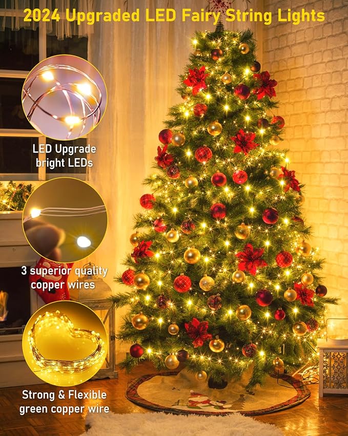 KNONEW 100FT Outdoor Christmas Fairy Lights Plug in,300 LED String Lights Outdoor Waterproof 8 Modes for Wedding Bedroom Walls Garden Trees Decoration(Warm White)