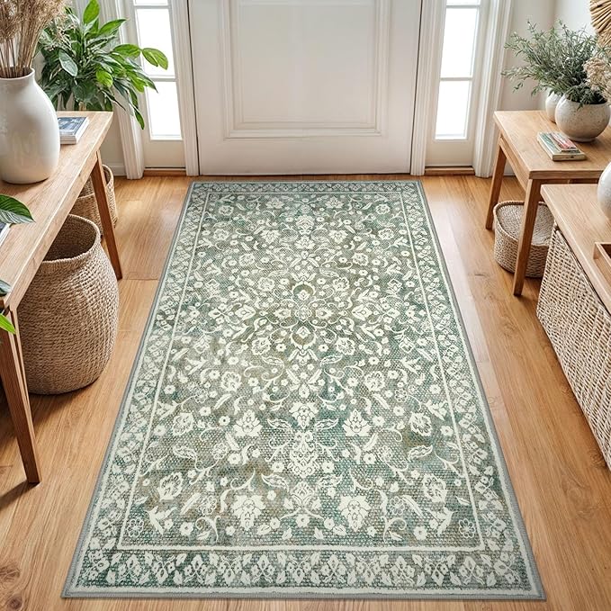 Vintage 3x5 Washable Rug for Entryway, Super Soft Sage Green Beige Entryway Rug Non-Slip, Printed Faux Wool Floral 3x5 Area Rug Thin Floor Carpet for Kitchen, Bedroom, Office, Living Room