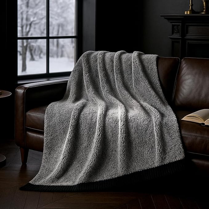 Amélie Home Knit Throw Blanket for Couch, Super Soft Cozy Fuzzy Throws for Sofa Bed Living Room, Luxury Cozy Fluffy Throw for Room Decor, 60" x 80", Heather Black