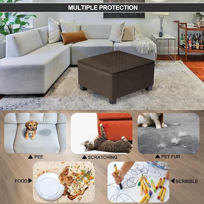 NeColorLife Waterproof Square Ottoman Cover, Thick Stretch Velvet Slipcover for Footstool, Non-Slip Soft Furniture Protector for Pets and Dogs,Coffee,Small