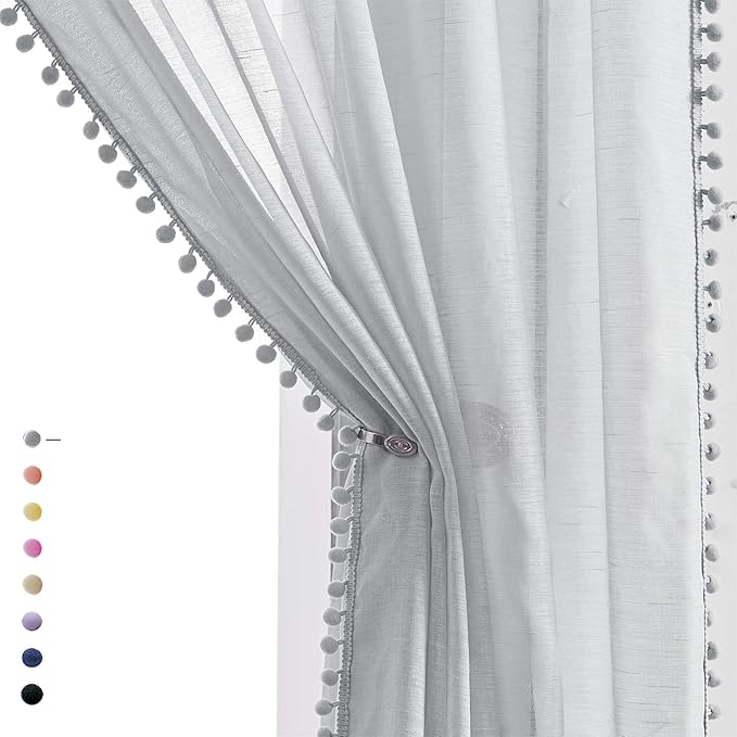 Treatmentex Pom-Pom Grey Sheer Curtains for Canopy in Girls Bedroom 84inches Long Linen Textured Sheer Drapes for Windows 2 pc