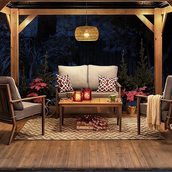 Battery Operated Chandelier with Remote, 11.8” Rattan Battery Powered Hanging Light for Porch, Rechargeable Outdoor Chandelier for Gazebo, Boho Cordless Pendant Light for Indoor Outdoor Patio