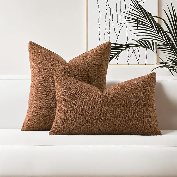 HAUSSY Set of 2 18x18 Decorative Throw Pillow Covers, Soft Cozy Textured Boucle Couch Cases, Home Decor for Couch Bed Living Room, Tobacco