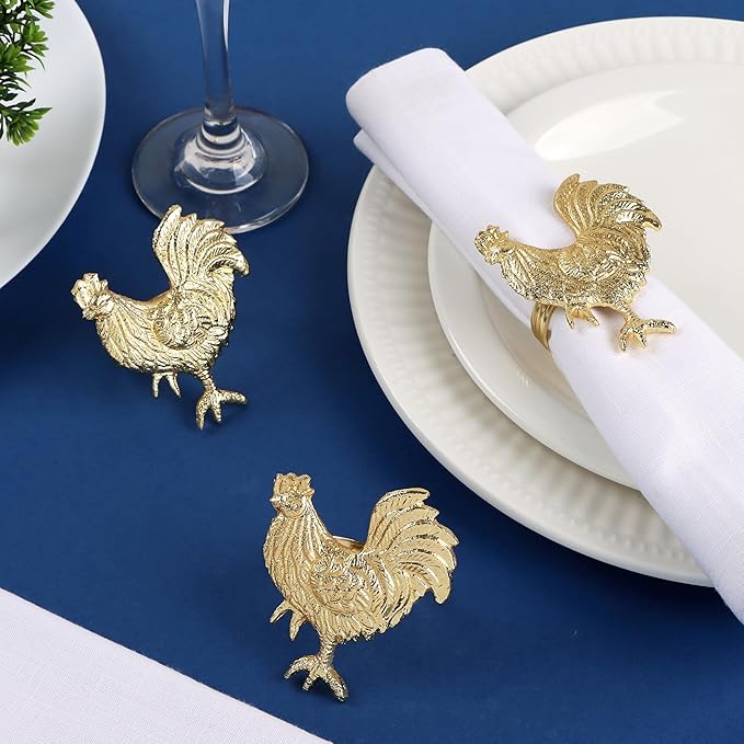 ALPHA Living HOME Set of 12 Rooster Napkin Rings for Farmhouse Table Decor | Premium Metal Chicken Dinnerware Holders | Rustic Kitchen & Holiday Party Table Setting (Gold)