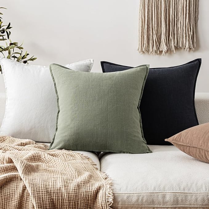 EMEMA Throw Pillow Covers Decorative Linen Pillow Covers 20x20 Inch Light Olive Green Boho Farmhouse Neutral Couch Throw Pillows for Bed Pack of 2 Accent Pillowcase Modern Sofa Cushion Livingroom Home