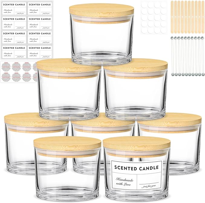 12oz Candle Jars for Making Candles, 8 Pack Large Clear Glass Empty Candle Jars with Bamboo Lids and Wick Kit, Multiple Wicks Wide Mouth Candle Container Bulk, Ideal for Candle Business