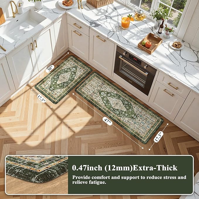 Collive Boho Kitchen Mats for Floor, Cushioned Anti Fatigue Kitchen Rug Set of 2, Non-Skid Waterproof Sink Rugs Comfort Standing Mat for Laundry, Office, Desk, Green