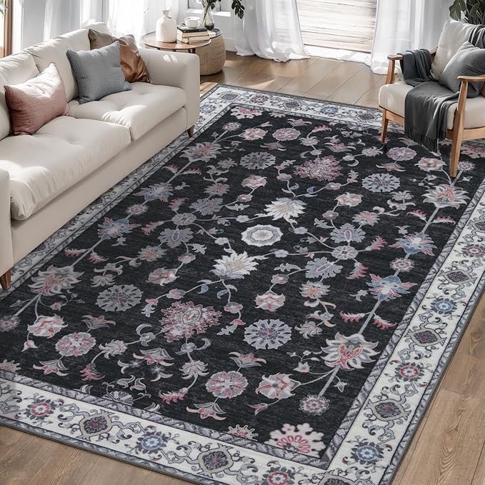 Tangsoo Floral Area Rug 6x9 Machine Washable Rug Non-Slip Vintage Distressed Boho Print, Low Pile Carpet for Living Room, Bedroom, Dining Room, Pet & Child Friendly (Black Red)