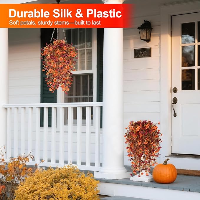 Fall Decor Artificial Flowers for Outdoor Decoration, 4Pcs Fake Hanging Flowers Mums Silk UV & Fading Resistant, Artificial Faux Plants for Home Patio Yard Garden Farmhouse Halloween