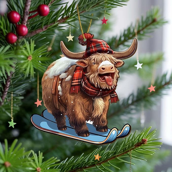 Santa Cow Christmas Tree Keepsake Ornaments, Funny Highland Cow Themed 2 Side Printed Flat Wooden Ornament, Xmas Hanging Decor